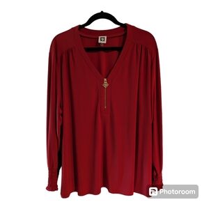 Anne Klein Red V-Neck Long Sleeve Blouse